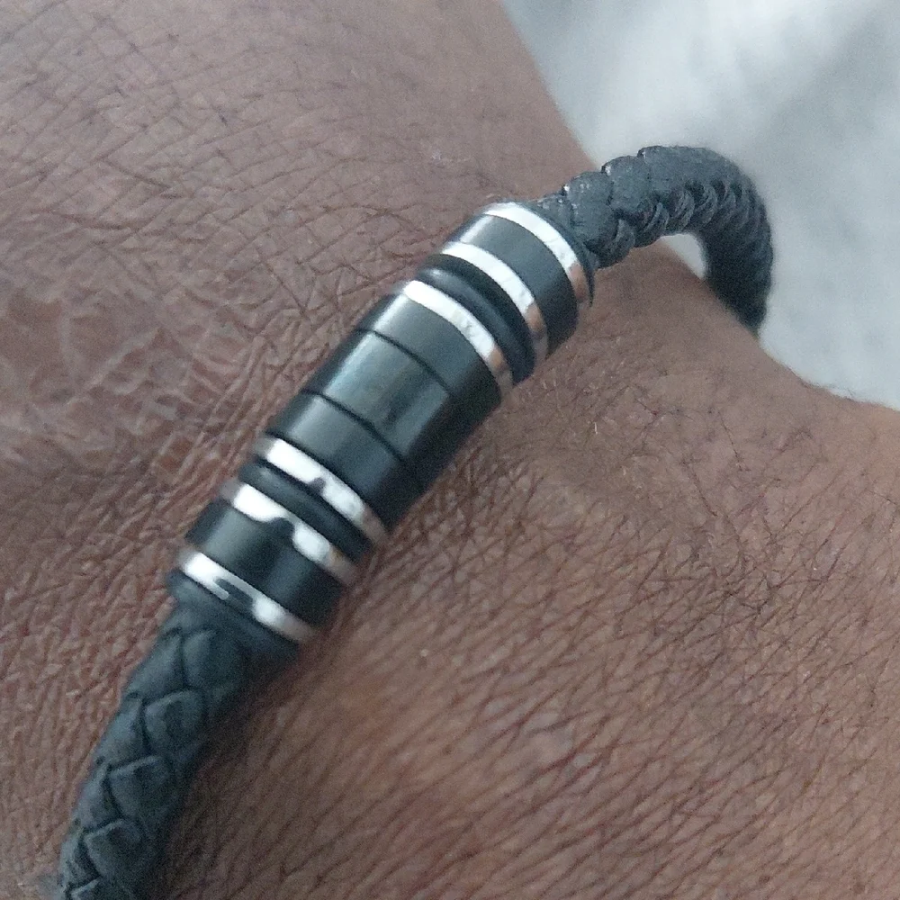 Black and Silver Braided Leather Bracelet